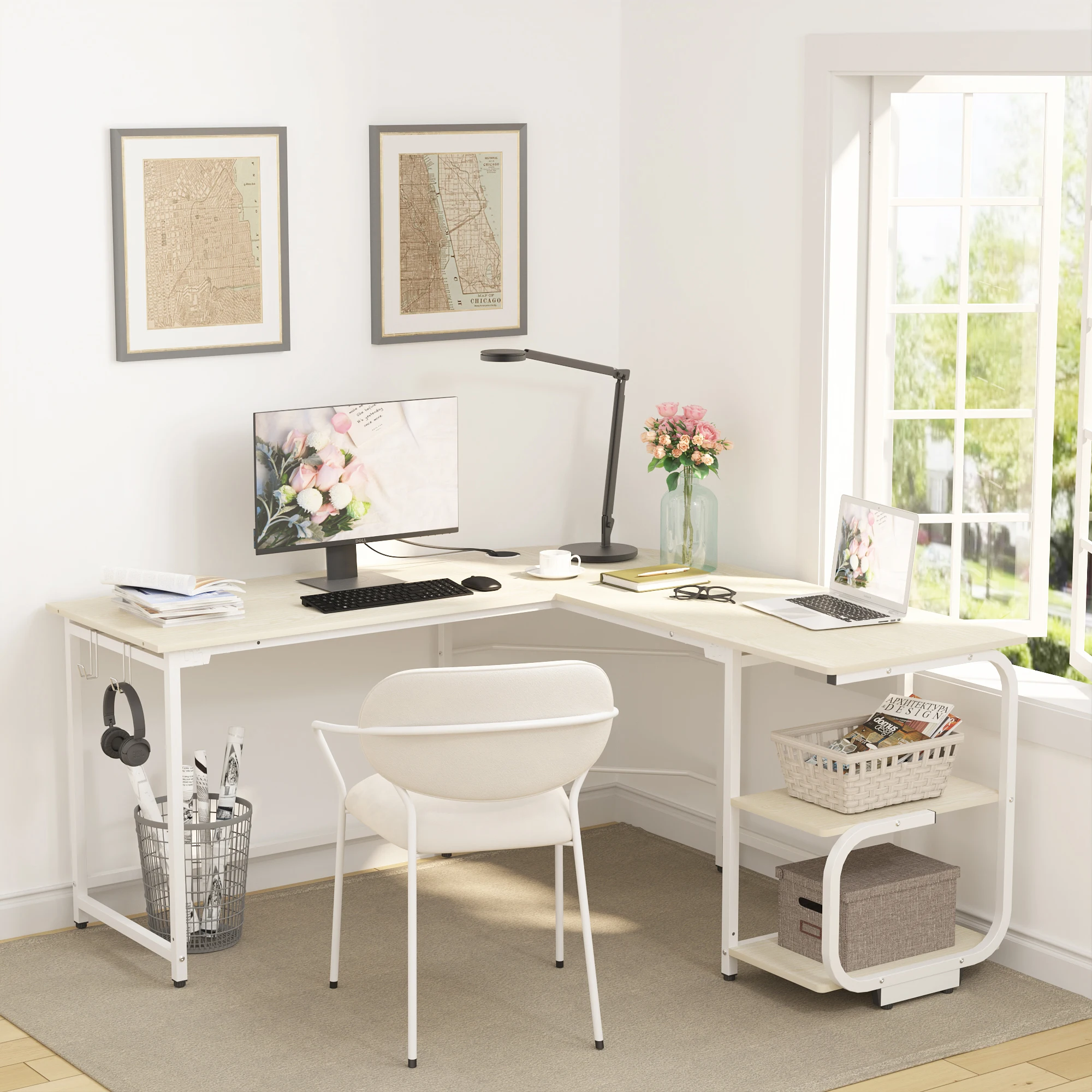 مكتب ألعاب على شكل حرف L مع أرفف تخزين، مكتب كمبيوتر زاوية حديث قابل للعكس على شكل حرف L للمكتب المنزلي، بيج