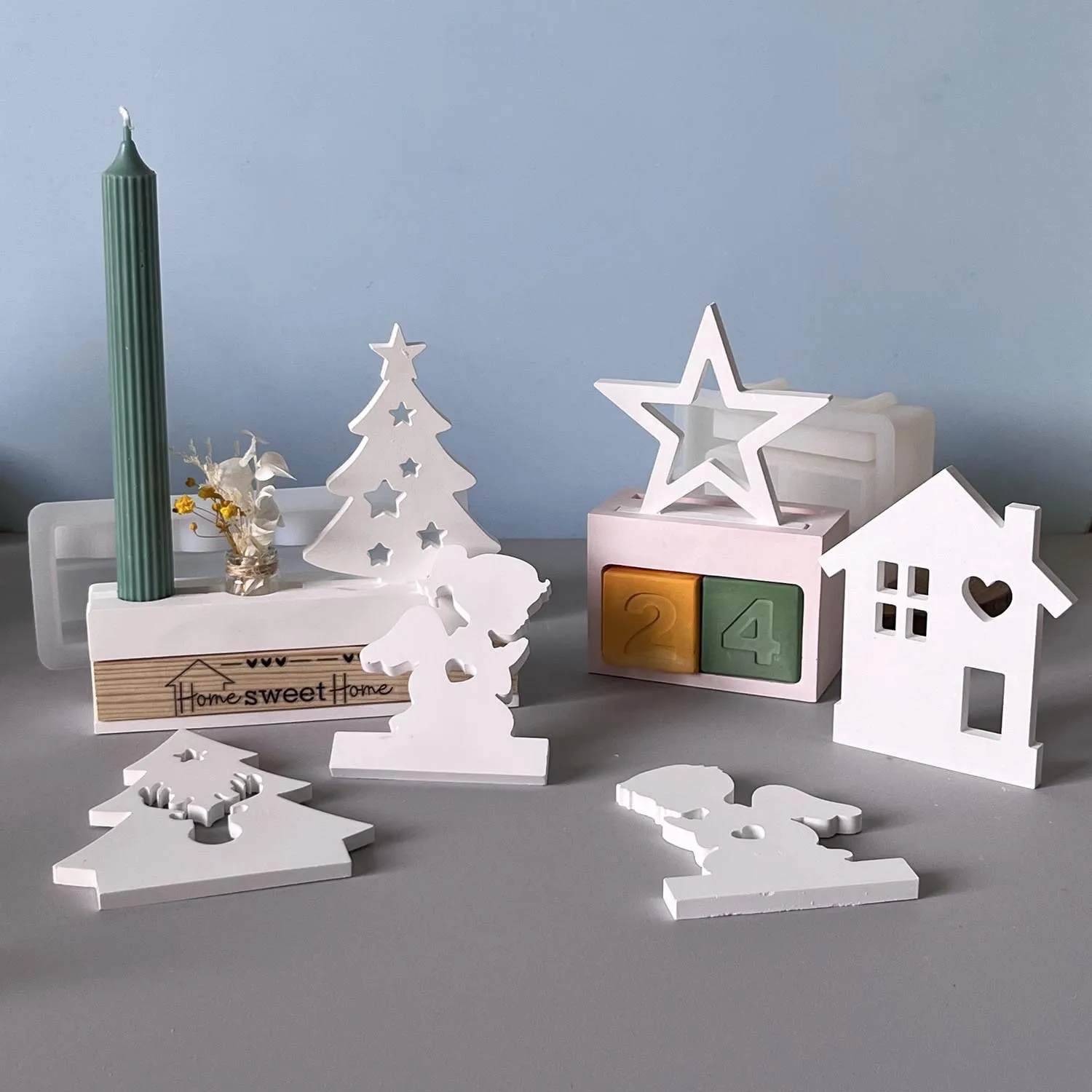 Mould Five-Pointed Star Christmas Tree House Angel Plug-in Silicone Mold Candle Candlestick Plug-in Multi-in-One Plaster Molds