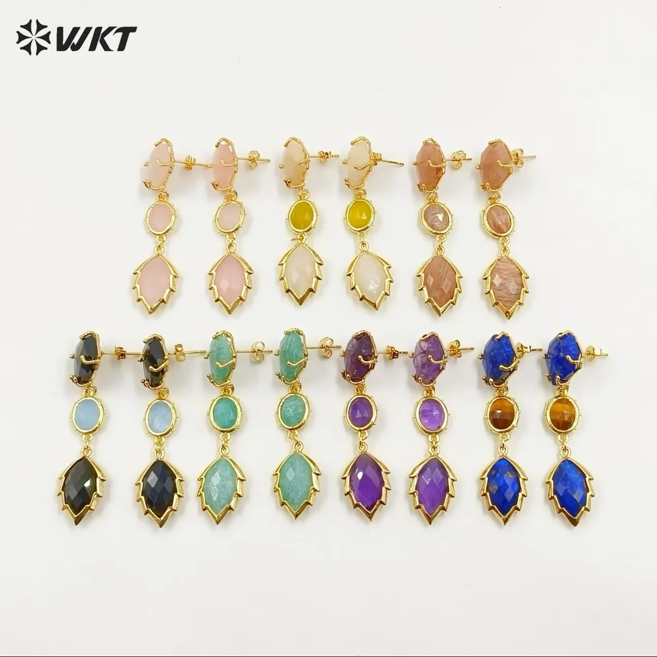 WT-E776 Classic European Style Natural Colorful Gemstone Long Leaft Design Earring For Women Evening Gown Party Decorative