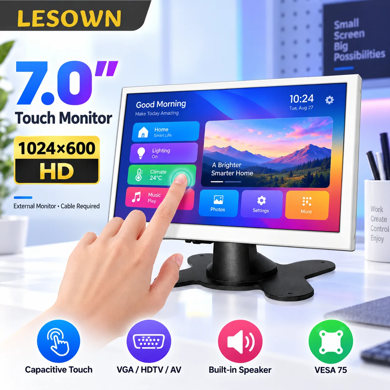 LESOWN 7 Inch Embedded LCD Monitor 1024x600 IPS Screen Industrial Display CCTV Machine Control Panel VGA HDTV AV VESA