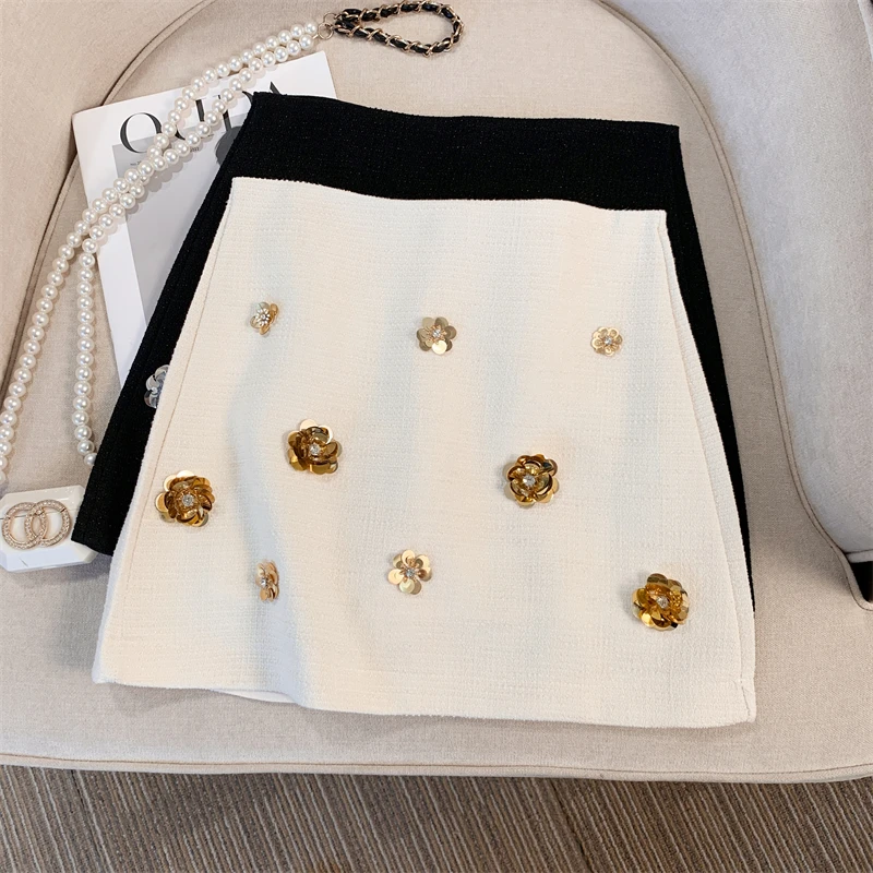 Bomon fashion simple Korea 2024 autumn new niche French three-dimensional bead petals high waist slimming A-line skirt skirt