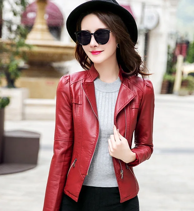 

Faionable ort Biker Jaet женский весенне-осенний универсальный утягивающий студенческий Sle из искусственной кожи с милым воротником на молнии Long Sve