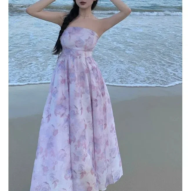 Women Summer Floral Print Sexy Off Shoulder Backless Elegant Party Dresses High Waist Lace-up Sleeveless Slim Beach Maxi Dress