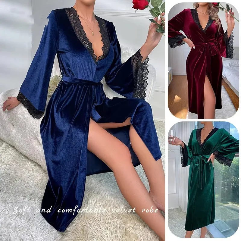 Bride Wedding Velour Robe Gown Spring Women Lace Kimono Bathrobe Bridesmaid Sleepwear Loungewear Casual Home Dress Nightgown