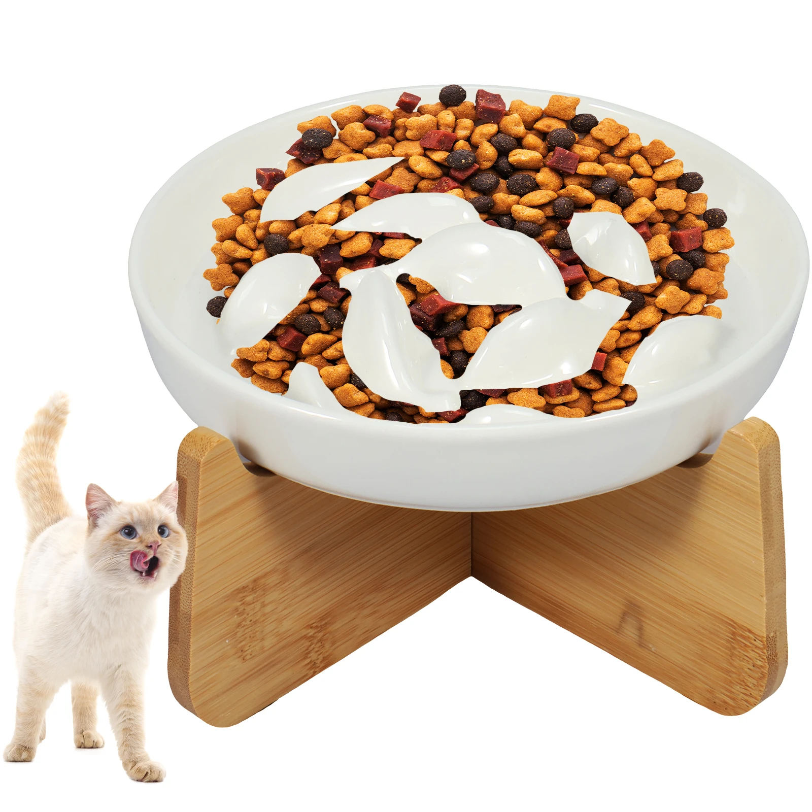 Raised Cat Bowl Elevated Cat Bowls with Wood Stand Ceramic Slow Feeder Bowl Cat Feeding Bowl Anti Vomiting Cat Food Bowl Non-Sli