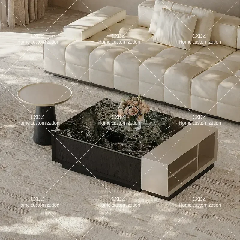 Italian Minimalist Autumn Green Natural Stone Coffee Table Square Drawer Living Room Furniture High End Luxury Home Decor