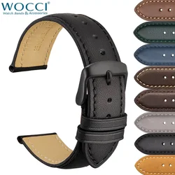 WOCCI Genuine Leather Watch Straps 14mm 15mm 16mm 17mm 18mm 19mm 20mm 21mm 22mm 23mm 24mm Smart WatchBand Black Buckle