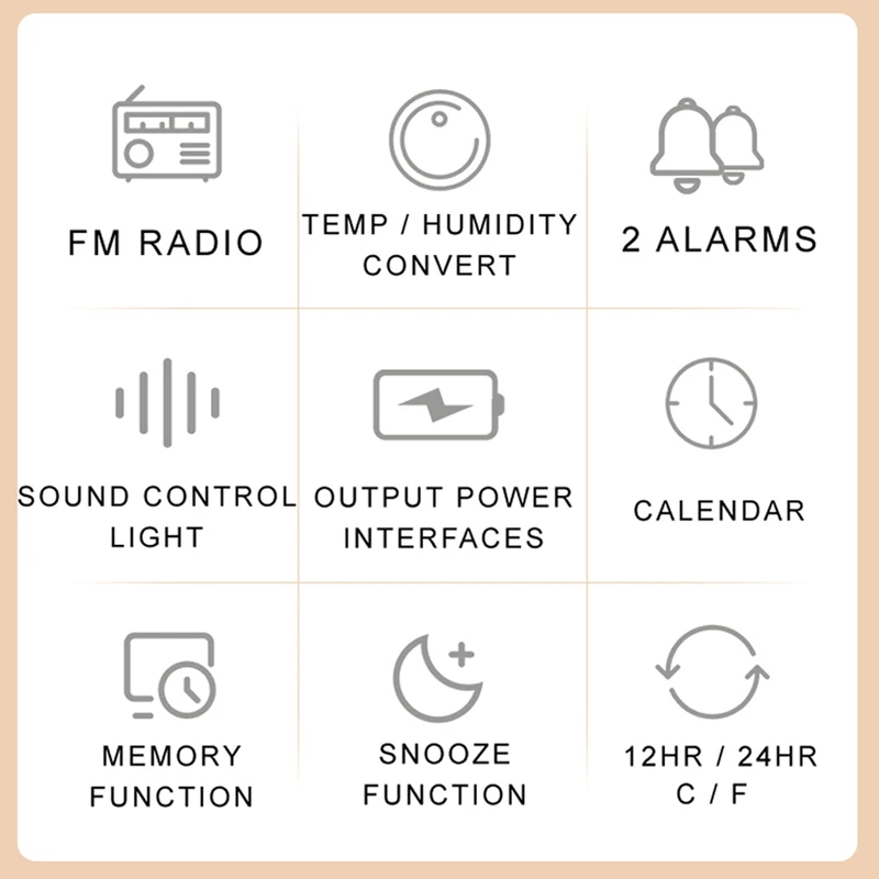 Mordern FM Radio LED Alarm Clock for Bedside Wake Up. Digital Table Calendar with Temperature Thermometer Humidity Hygrometer.