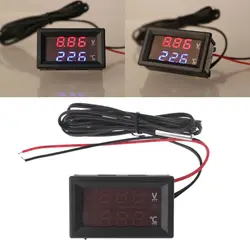 2-in-1 Car Thermometer Voltmeter Square LED Display Digital Voltage Gauge Meter for Most 12-24V Cars SUV Trucks Buses