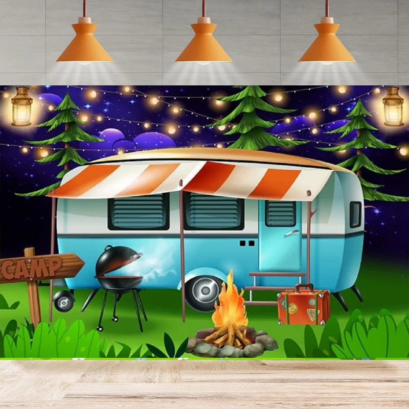 Photography Backdrop Camping Themed BBQ Party Happy Camper Banner Forest Night Background Poster Photo Studio Booth Props