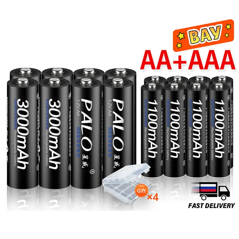 PALO 4Pcs 3000mAh 1.2V AA Rechargeable Batteries 4Pcs 1100mAh 1.2V AAA Battery NI-MH AA AAA Rechargeable Battery for Camera Toy