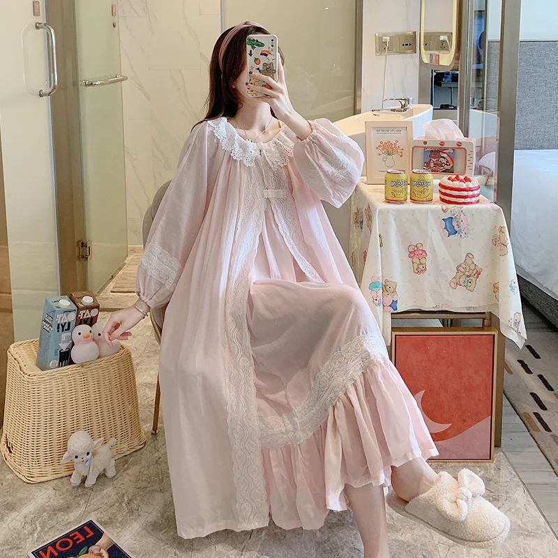 

Women's Spring and Autumn Fairy Sexy Pure Cotton Cloak Strap Two Piece Set Palace Style Princess Pajama Victoria Retro Pajama