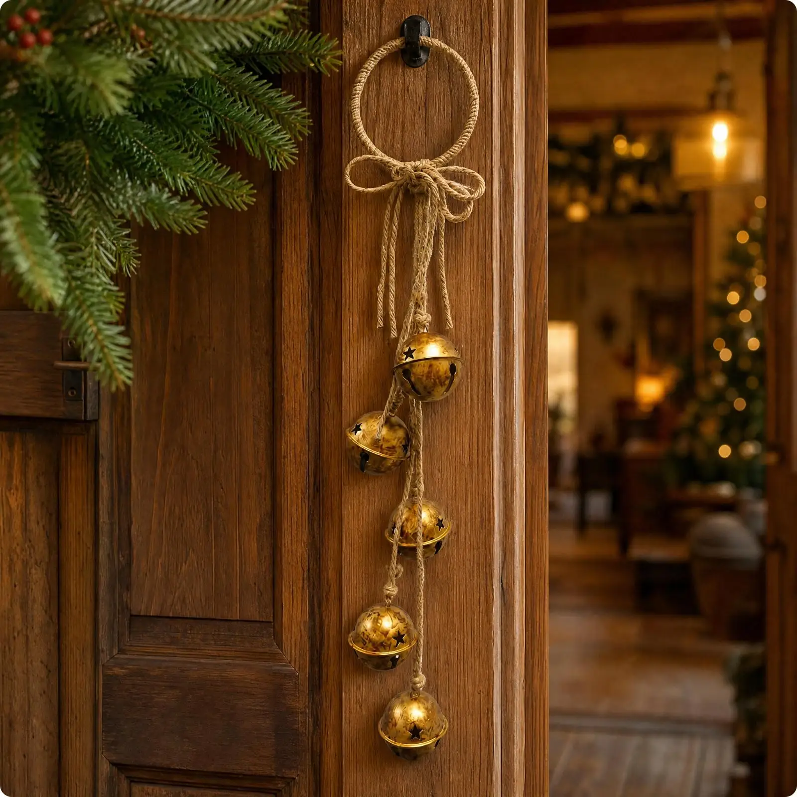 Hanging Star Bell Christmas Decoration Antique Gold Metal with Rope Loop for Door Window Mantelpiece