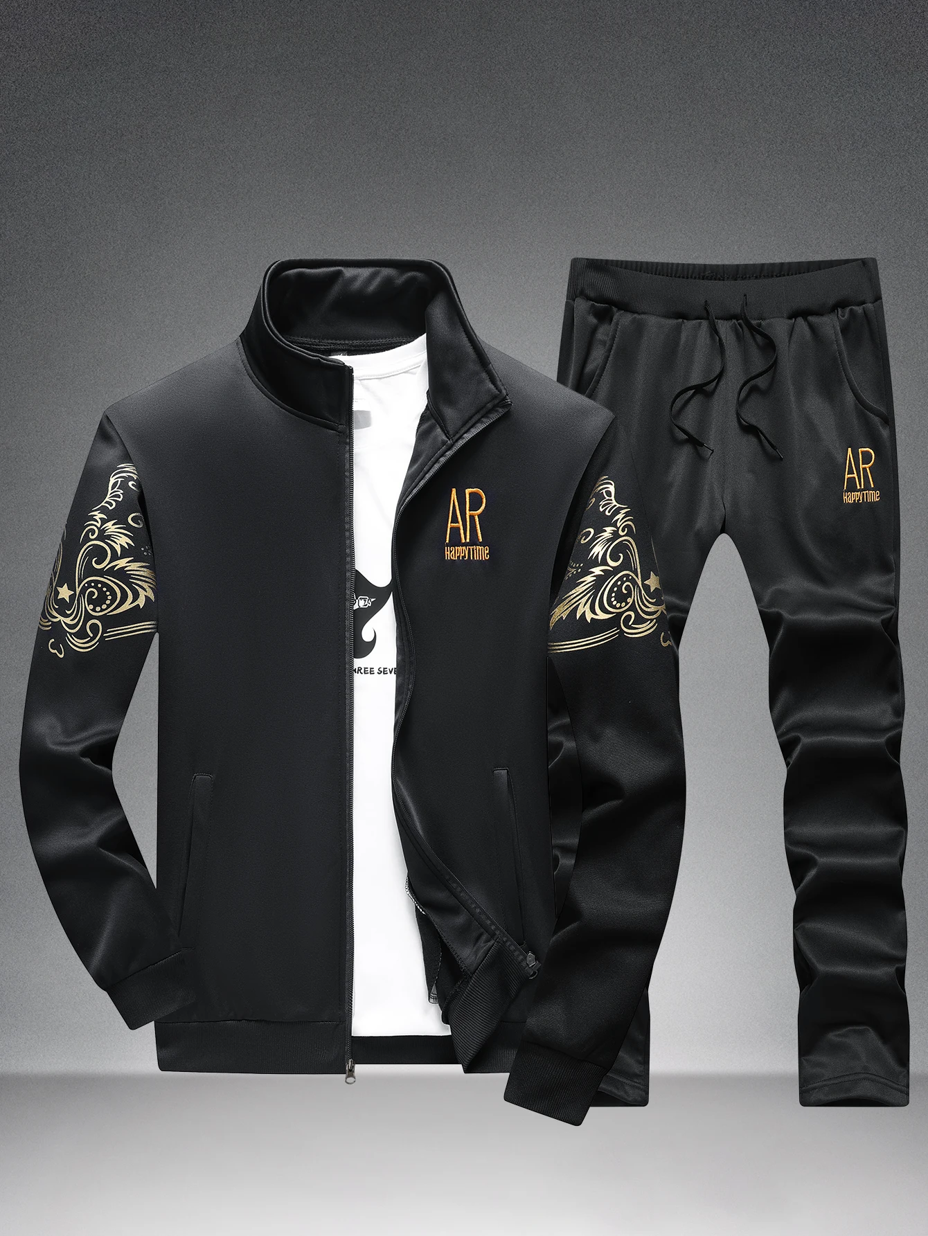 

Spring and Autumn men's casual stand - collar sports suit, embroidered cardigan jacket, elastic waist straight - leg pants for m