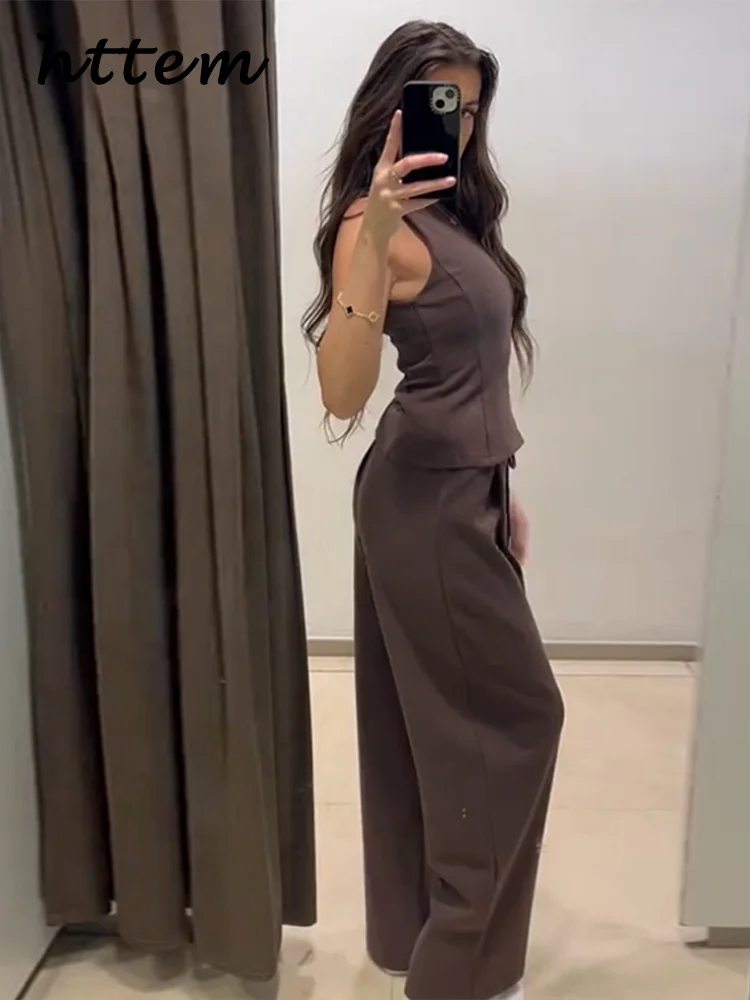 

Fashion Brown Vest Pants Sets Women Slim O-neck Sleeveless Tank Tops Pleated Straight Pants 2025 Spring Summer Lady Tracksuits