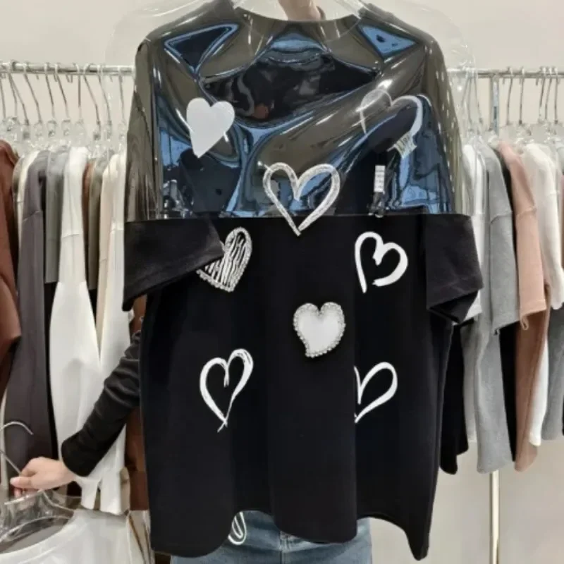 Dames T-shirt met ronde hals, effen kleur, nieuwe zomer, nieuwe mode, jeugd, casual liefde, bedrukte diamanten, mouwloze losse trui, tops