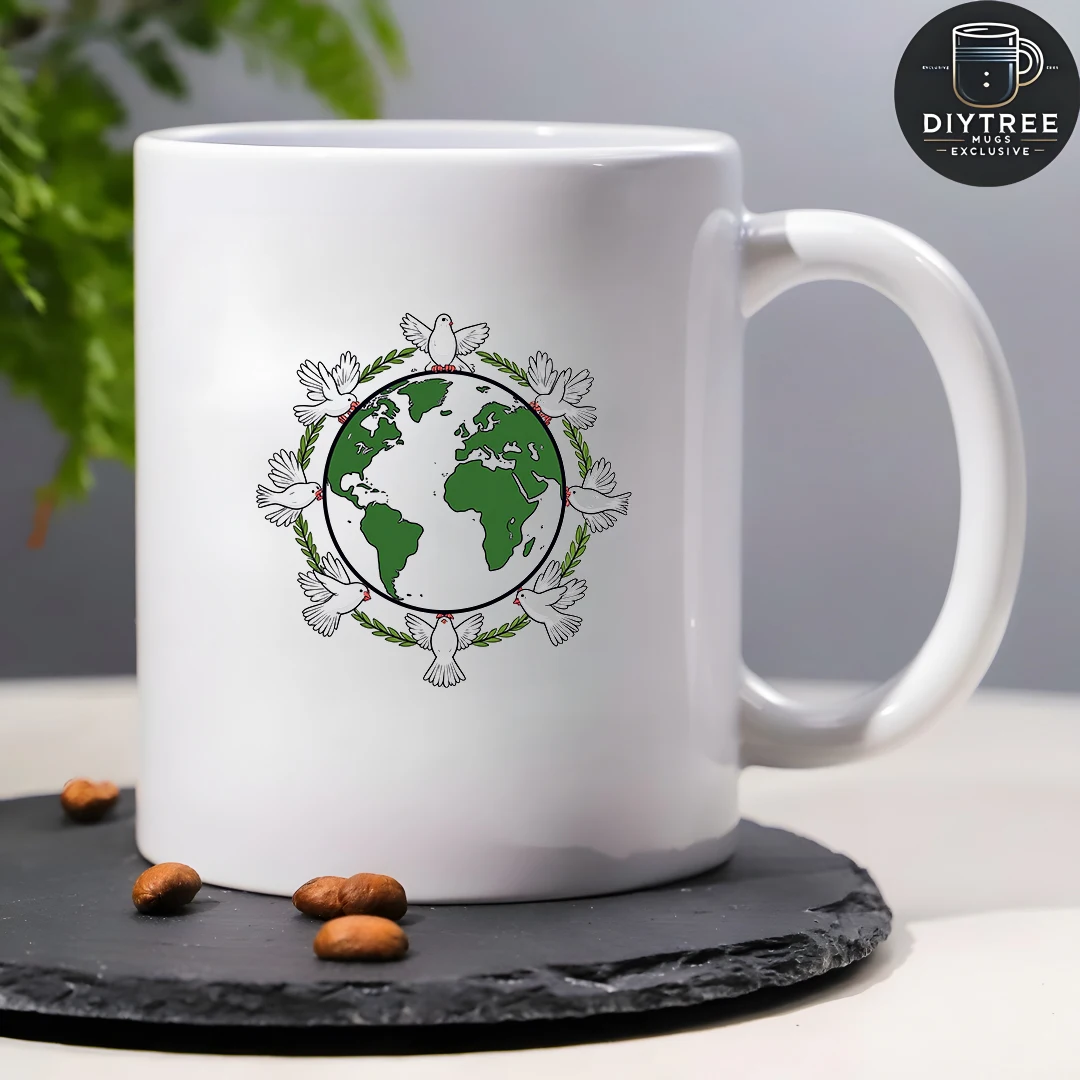 كوب أرضي صديق للبيئة سعة 11 أونصة + كرة أرضية كرتونية + فرع زيتون وحمامة + كوب مكتب عائلي للأطفال - هدية عيد الميلاد