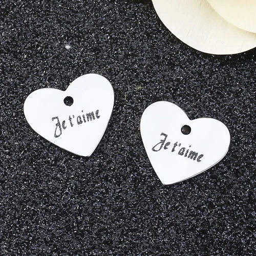 5 PCs 304 Stainless Steel Heart Charms For Jewelry Making Silver Color Message 