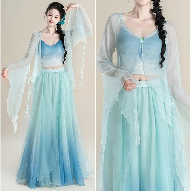 

Новый классический танцевальный костюм, градиентная фея, марля, ритм тела, струящаяся китайская танцевальная большая распашная юбка, костюм для выступлений