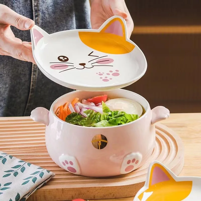 1100ml Cartoon Cat Ceramic Instant Noodle Bowl With Lid Underglaze Color Soup Salad Bowl Kitchen Student Lunch Box