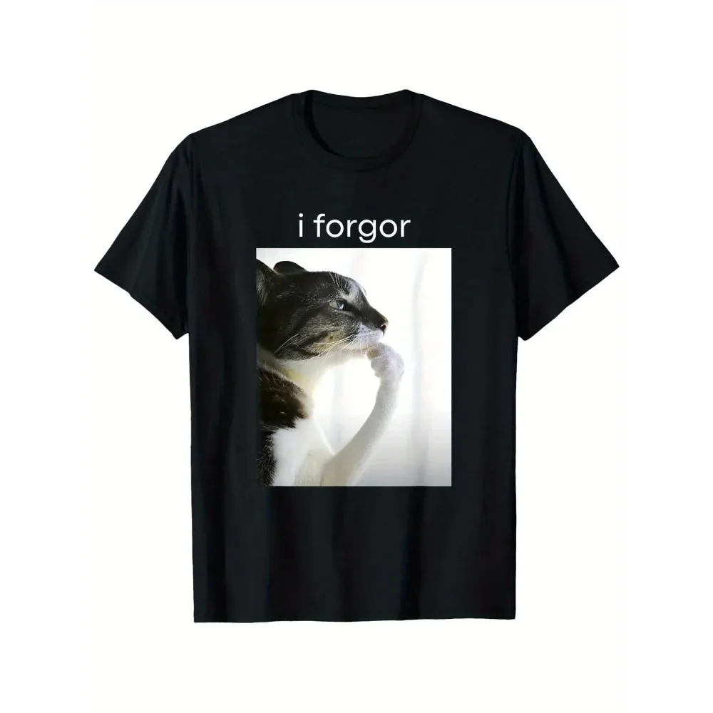 Funny Silly Cat Meme  I Forget  Cringe Brainrot Graphic T-Shirt Round Neck Short Sleeve Tee for Casual Wear Women Clothing Y2K