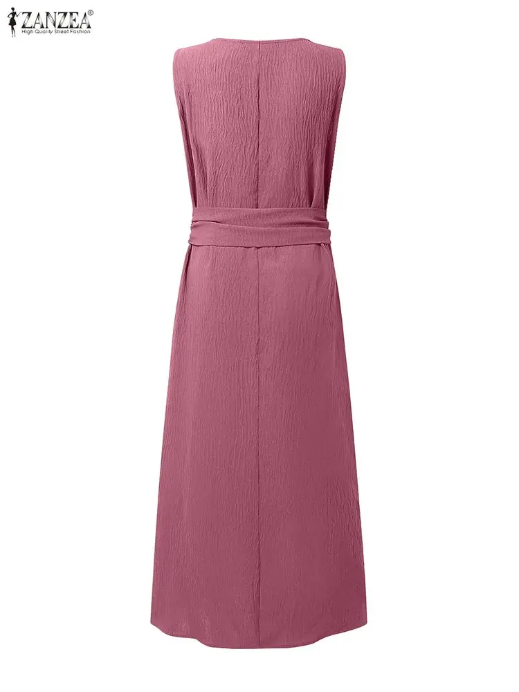 Fashion Long Shirt Dress ZANZEA Women Sleeveless Maxi Sundress Square Collar Solid Belted Pleated Party Elegant Vestido Oversize