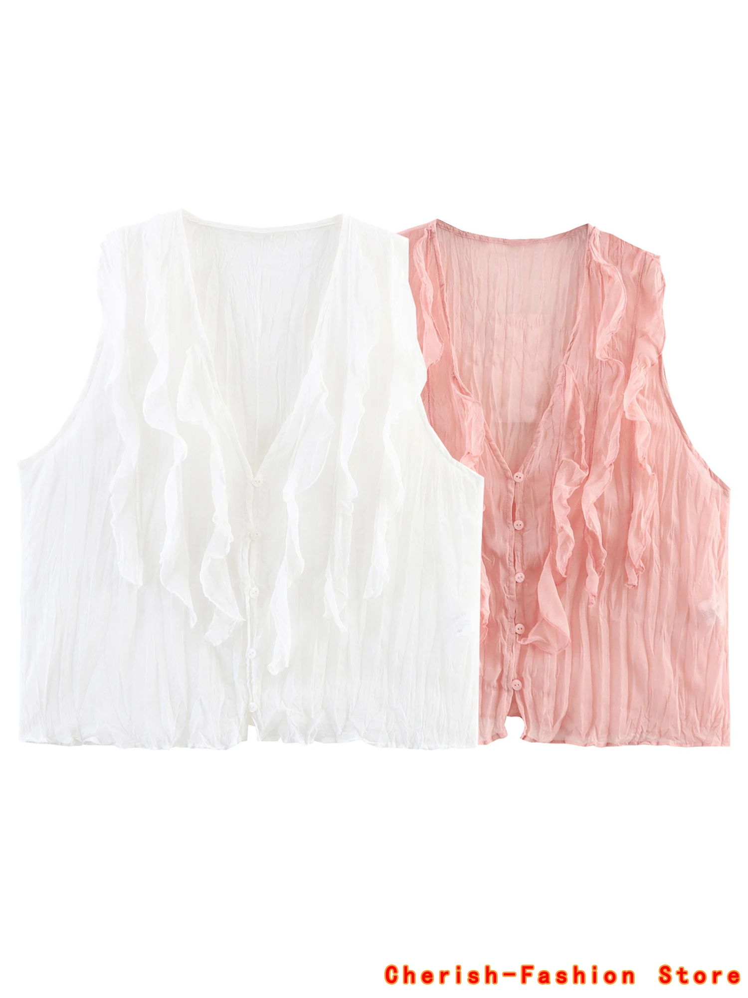 

Women Ruffled Sleeveless Blouse Fashion Pink Tierred Ruffled Summer Tank Tops Vintage O-Neck Female Chic Thin Top Solid Shirt