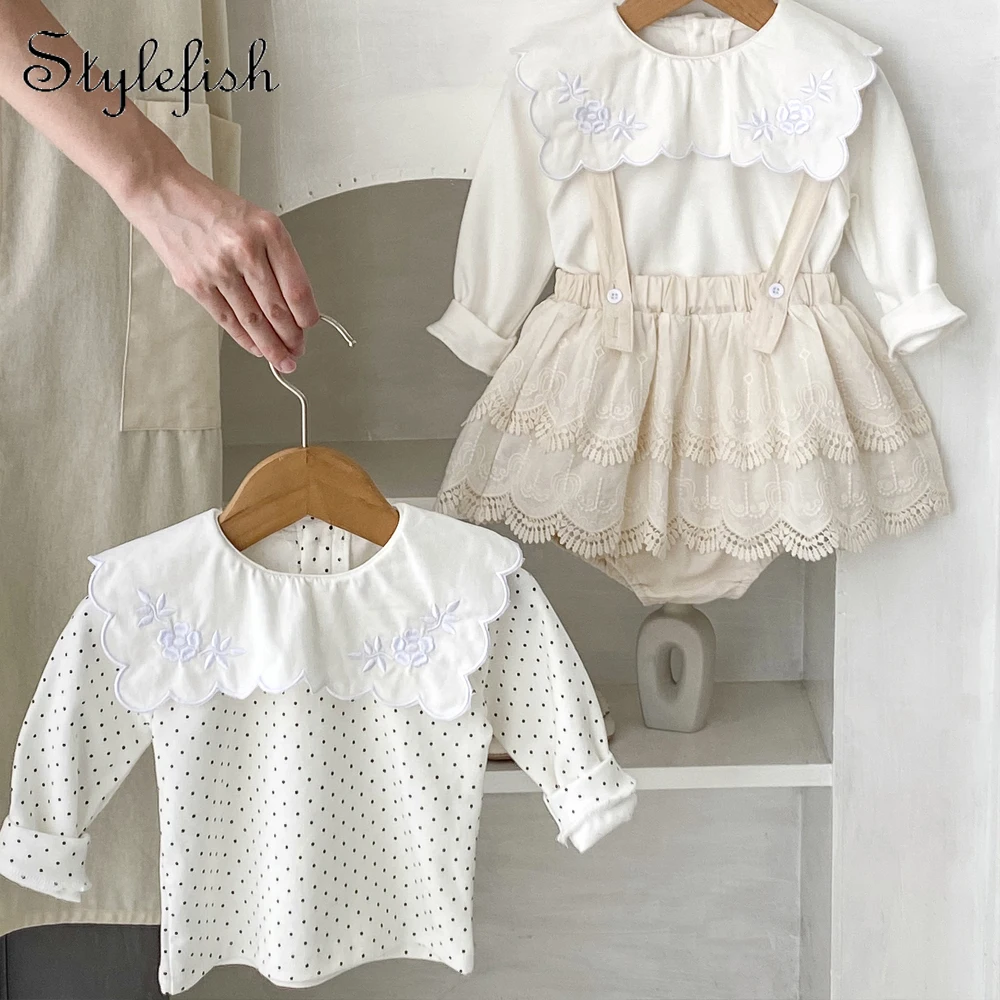 Autumn new style 0-3 years old baby clothing baby girl embroidered large lapel base shirt sling lace culottes set