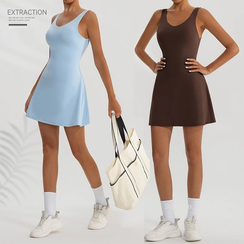 Women Tennis Sports Dress with Chest Pad Outdoor Fitness Quick-drying Golf Tennis Dress Lady Sleeveless V-neck Skirts with Short - Image 2