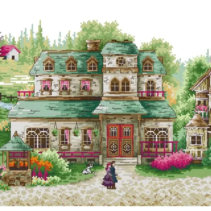 유럽 타운 풍경 패턴 크로스 스티치 키트, DIY 수제 바느질, Aida 14CT 16CT 11CT 화이트 프린트 원단 자수 세트