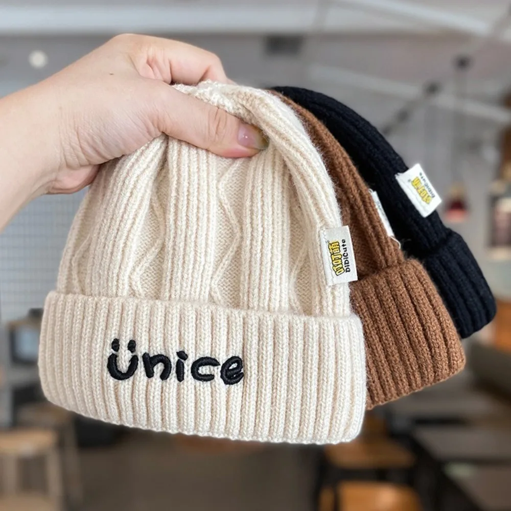 High Quality Thick Knitted Wool Hat Embroidery Letter Unisex Winter Warm Cap Durable Velvet Lining Baby Bonnet for 1-6year Kids