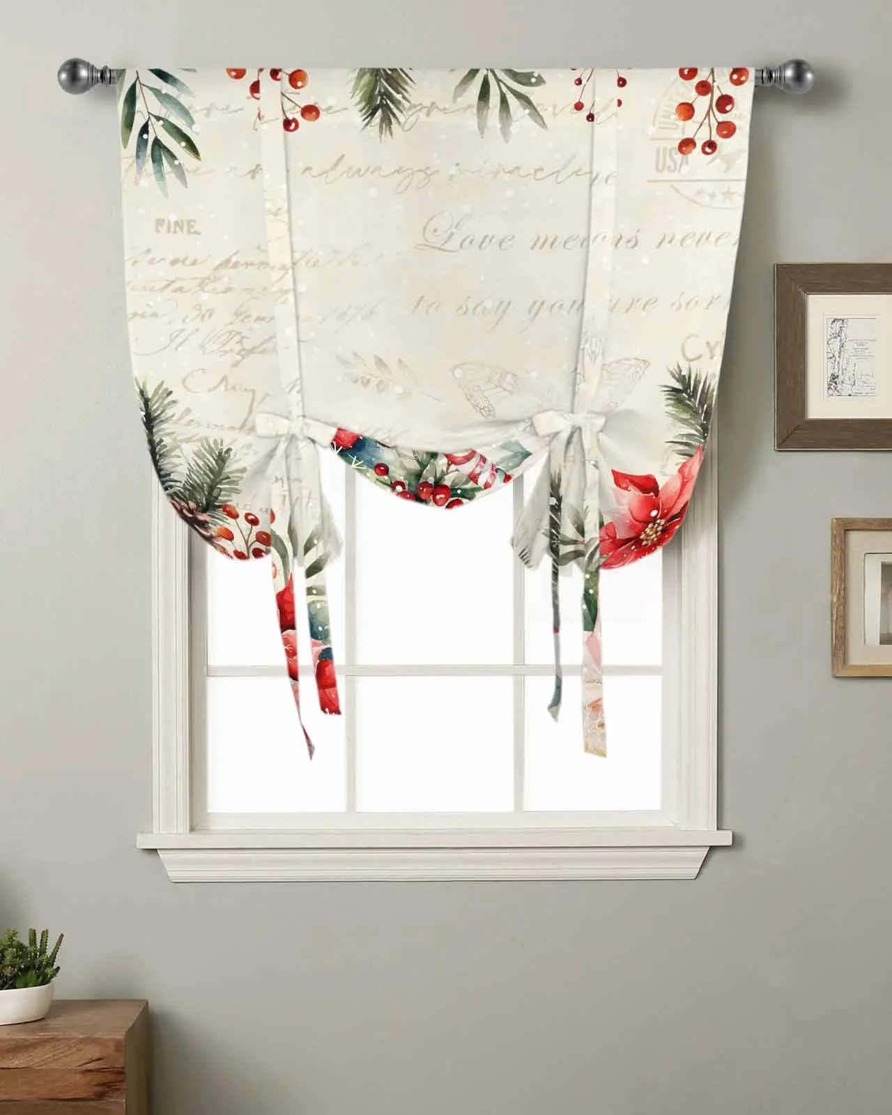 Christmas Poinsettia Berries Cedar Leaves Pine Cones Short Balloon Curtain Home Bedroom Kitchen Decor Tie Up Window Curtain