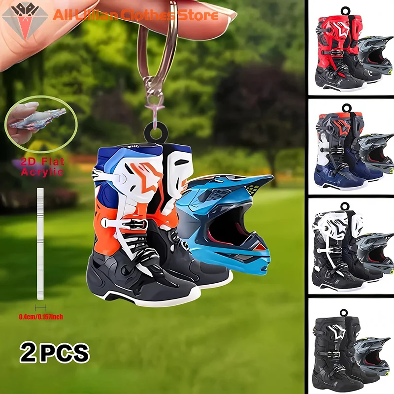 New 2PCS 2D Flat Motocross Keychain Motorcycle Helmet Keychain Motorcyclist Knight Car Keychains Accessor Bag Charms Keyrings