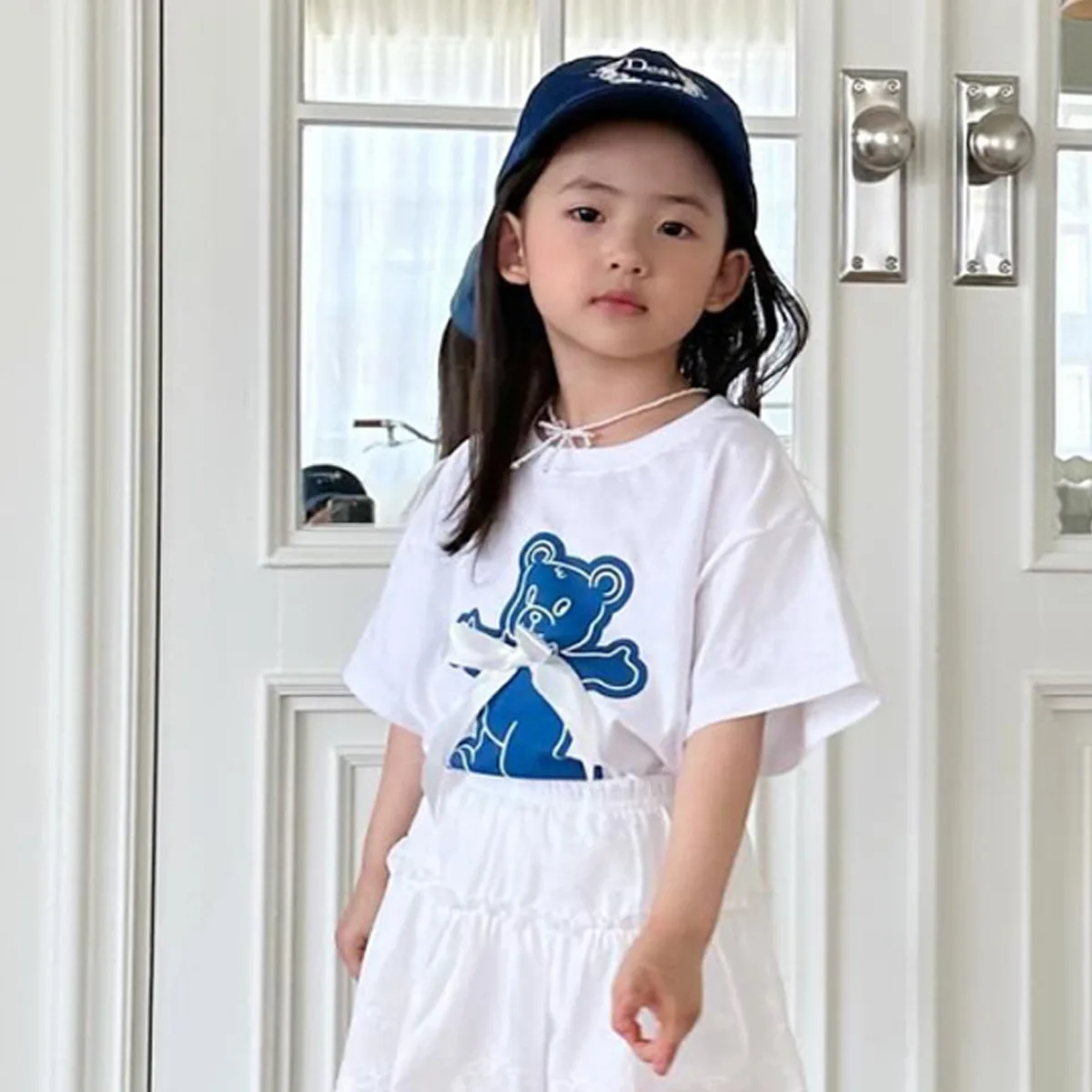 2025 Summer New Baby Girl Short Sleeve T Shirts Sweet Girls Cute Bear Print Bow O-neck Tee Cotton Infant Tops Toddler Clothes