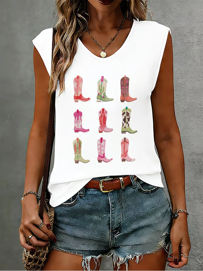 Streetwear Vintage Colorful Shoes Sleeveless Tank Top T-shirt V Neck Casual Fashion Vest Summer  Women Tee Shirt V-Neck