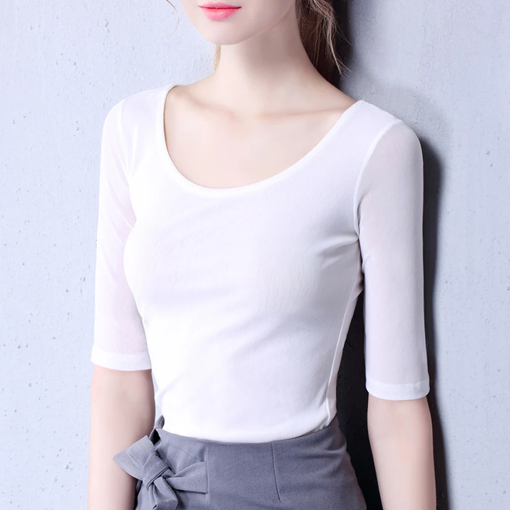 

Топ с коротким рукавом Летняя простая футболка для женщин с круглым вырезом Эластичная сетка Однотонные футболки Женские S-3XL Повседневные мягкие базовые рубашки Y2K Одежда