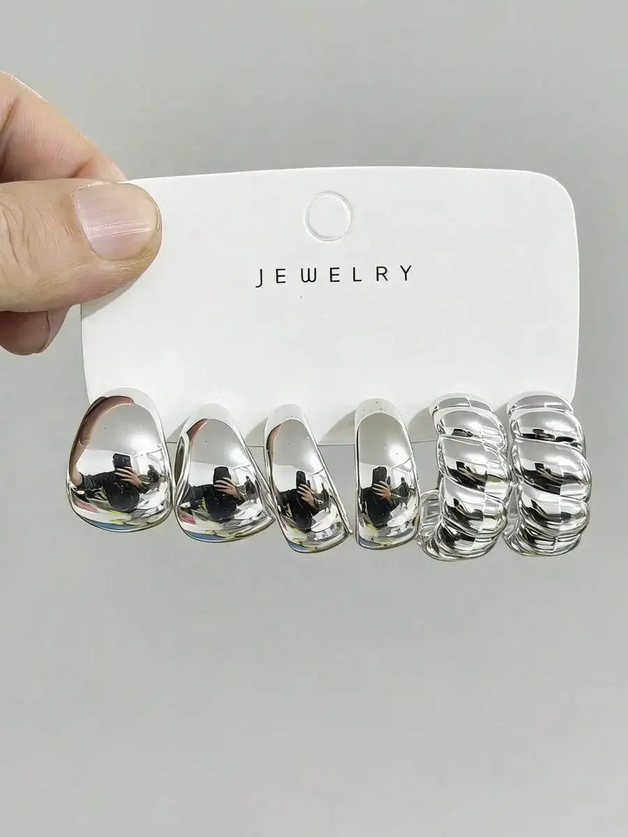 

Silver Tone Fashion Earring Set For Women 4/6/16pcs Teardrop Heart C-Shape Daily Wear