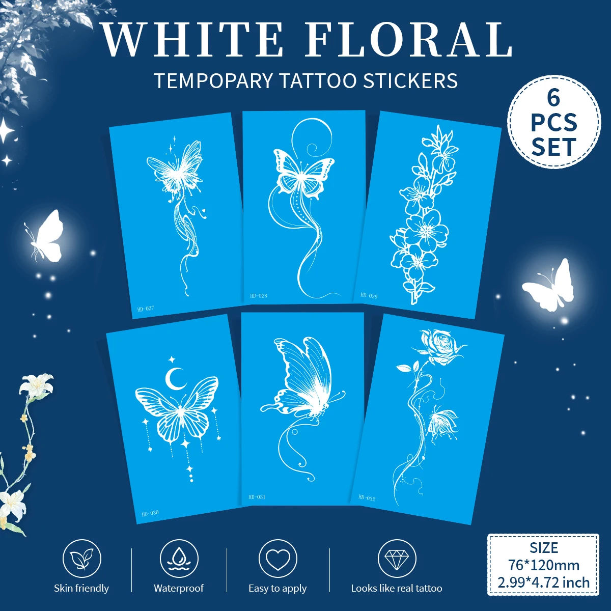 White Ink Premium Temporary Tattoo Stickers 6Pcs Set, Skin Safe Water Transfer Body Art for Adults Party Festival