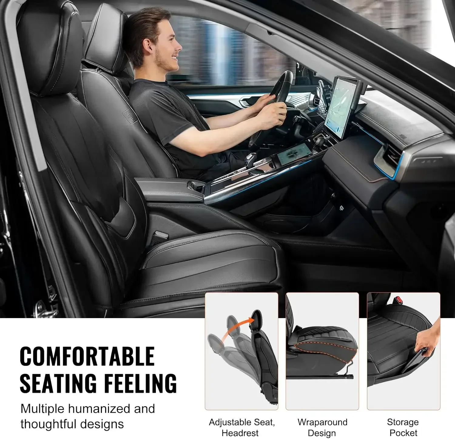 أغطية المقاعد، أغطية مقاعد السيارة العالمية، مجموعة كاملة من المقاعد، المقعد الأمامي والخلفي، 13 قطعة من غطاء المقعد المصنوع من الجلد الصناعي، تصميم مغلق بالكامل #6