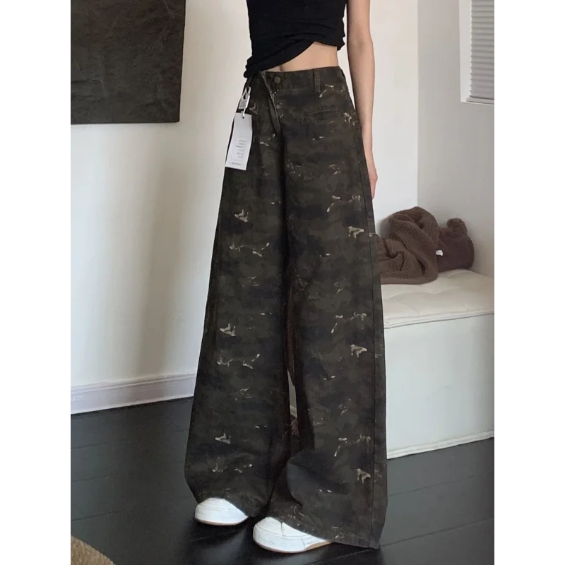 

New Spring and Autumn Retro Old Camouflage High Waist Straight Jeans Women Loose Wide-leg Casual Floor Trousers