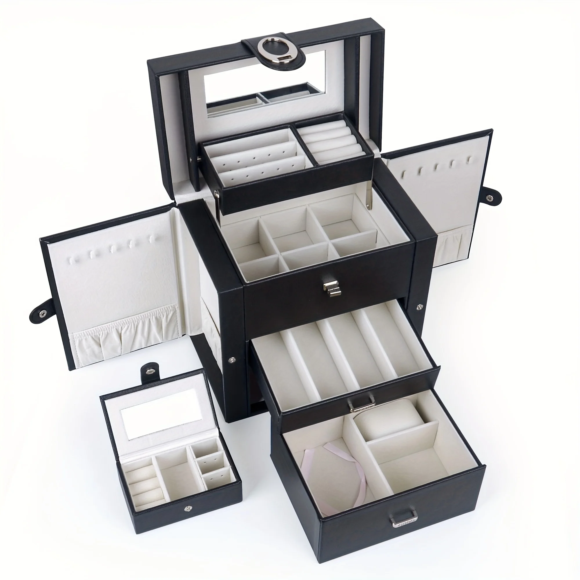 Women's Jewelry Box, Leather Jewelry Storage Box with 2 Drawers and Mirror, Portable Travel Necklace, Ring Storage Box