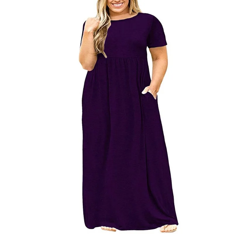 Vestido longo de manga curta feminino plissado com gola redonda, vestidos plus size, monocromático, casual, verão, drop shipping, XL-5XL, 2023