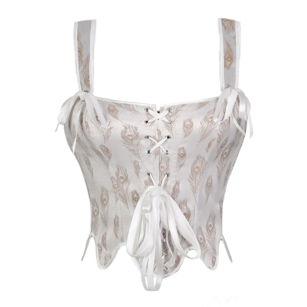 

Women Sexy Overbust Corset Crop Top Vintage Feather Print Camisole Front Lace Up Slimming Shaper Bustiers Vest
