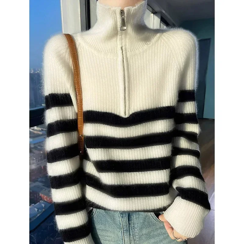 Women Velvet Striped Sweater White Turtleneck Half Zipper Stand Collar Thickened Angora Inner Wear Base Knit Cardigan Winter Top