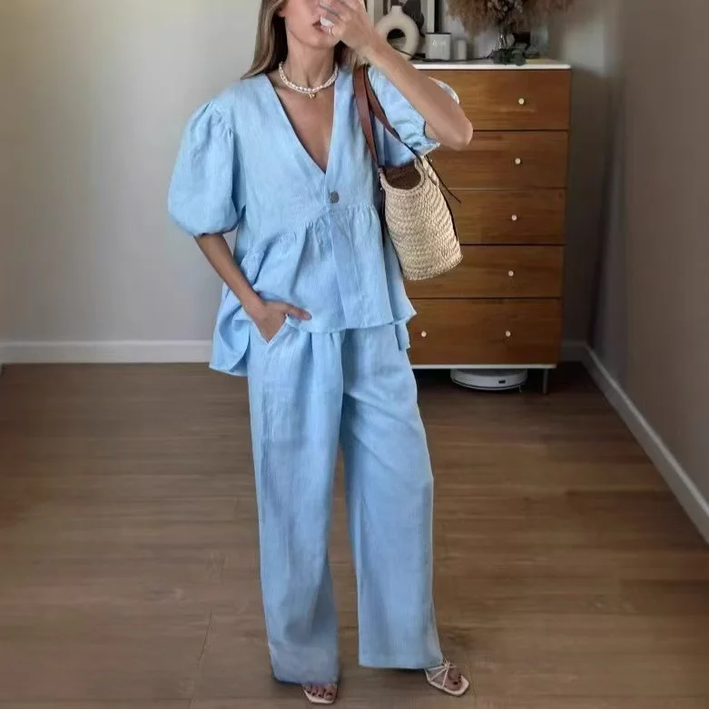 Fashionable Loose V-Neck Bubble Sleeve Top And Wide Leg Pants Set Cotton Short Sleeve Button-Up Women's Summer Outfit Set
