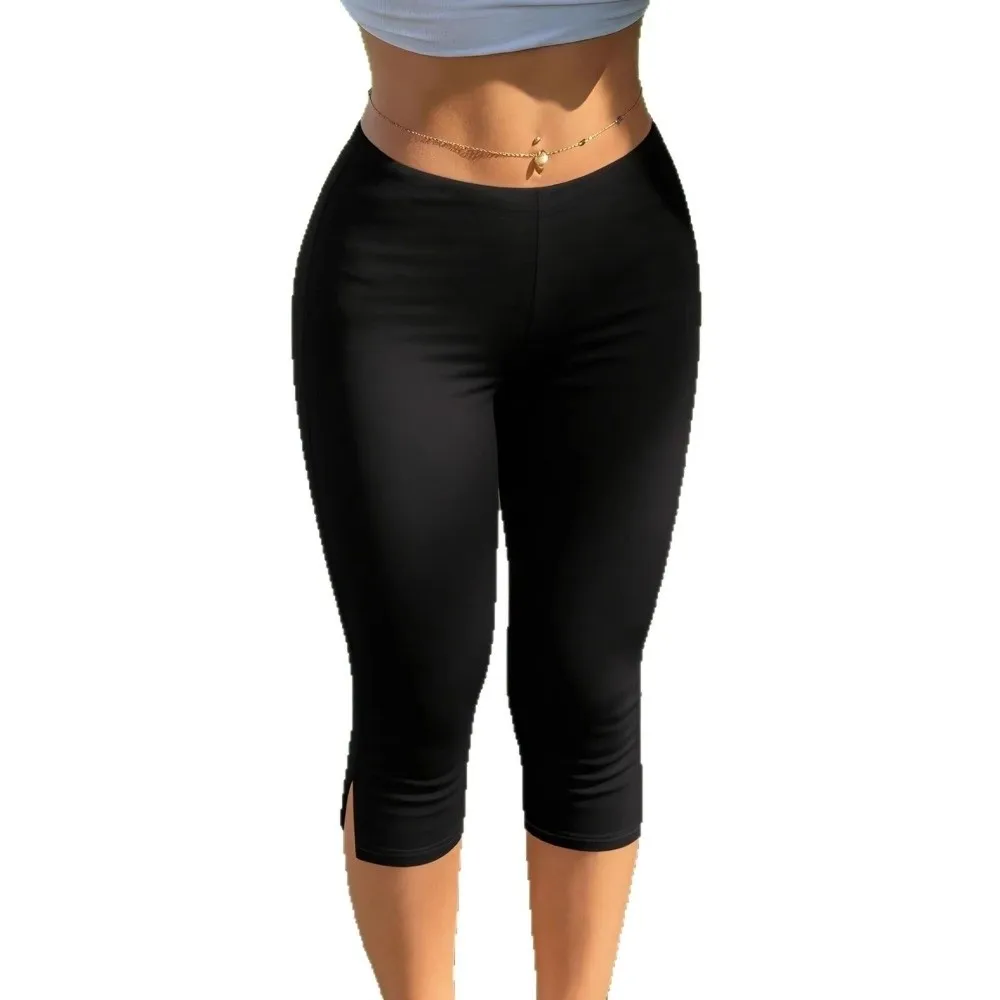 Stretch Knit Slim Fit Pants High Waist Side Slit Cropped Leggings Body Hugging Elastic Waistband High Waist Pants Casual Wear