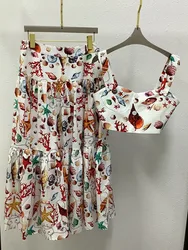 Women's Short Spaghetti Strap Top and Half Dress, Printed Skirt Suit, Beach Holiday Fashion, 2 Piece Set, Summer