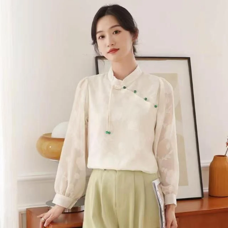 New Women\'s Clothing Spring Autumn Long Sleeve Stand Collar Vintage Classic Folk Chinese Style Solid Color Button Spliced Blouse