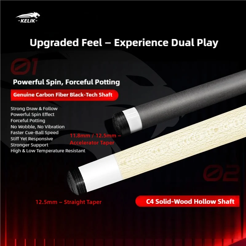 KELIK Professional Pool Carbon Fiber Cue 12.5mm with Extension Set Dual Shaft Billiard Cue Diamond Inlay 2-Piece