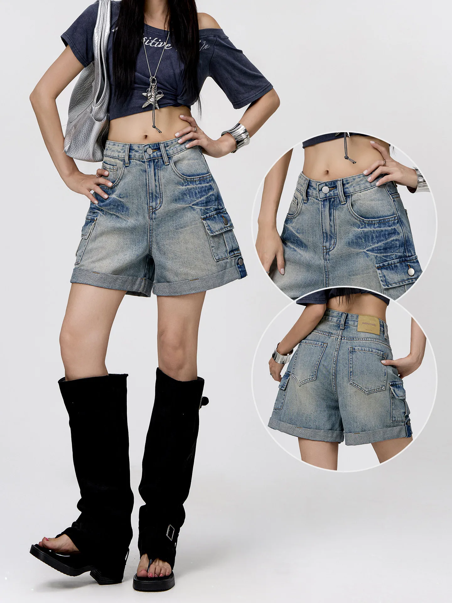 FINEWORDS Vintage Retro High Waist Cargo Denim Shorts Women Loose A-Line Casual Wide Leg Multi Pocket Rolled Hem Jean Shorts